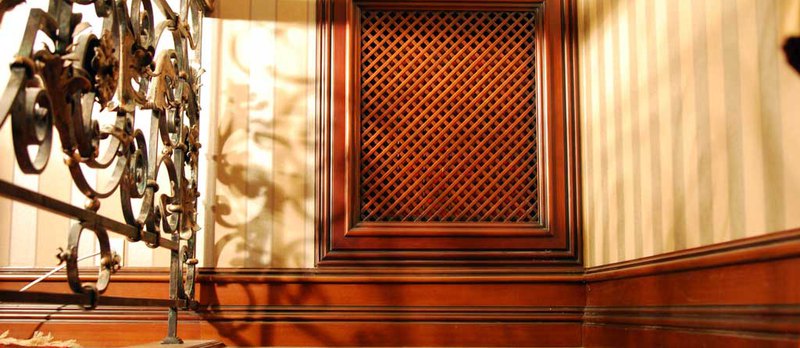 Decorative lacquered interior house trim from Cedar Supply North on the stairwell.